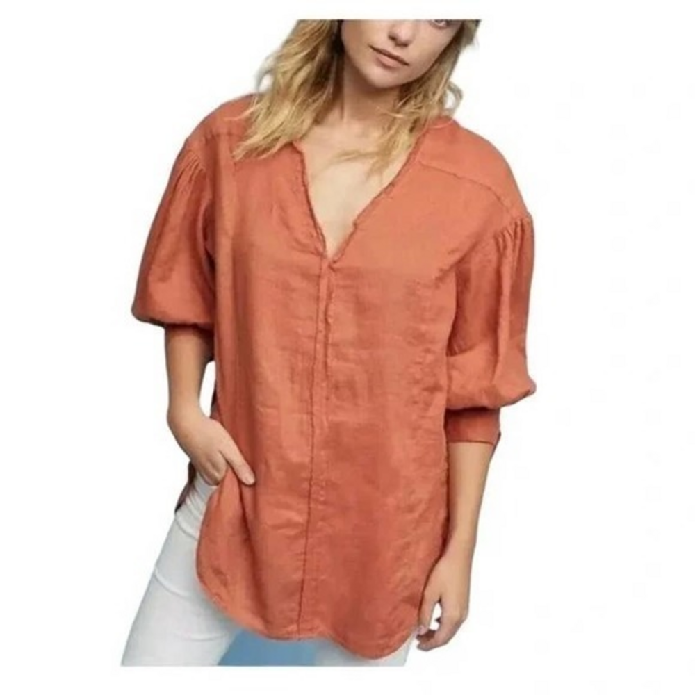 HOLDING HORSES x ANTHROPOLOGIE Orange Ginnie‎ Tie Linen Tunic Top